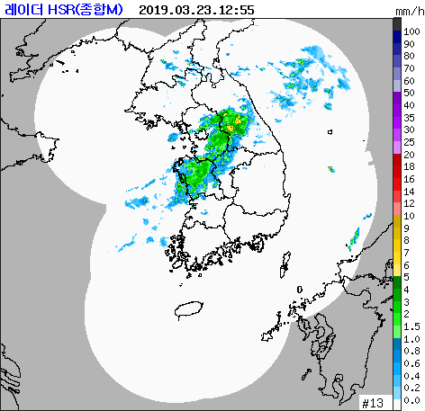 23일 낮 12시 55분 기준 수도권 일대 눈·비구름. 기상청 레이더 영상