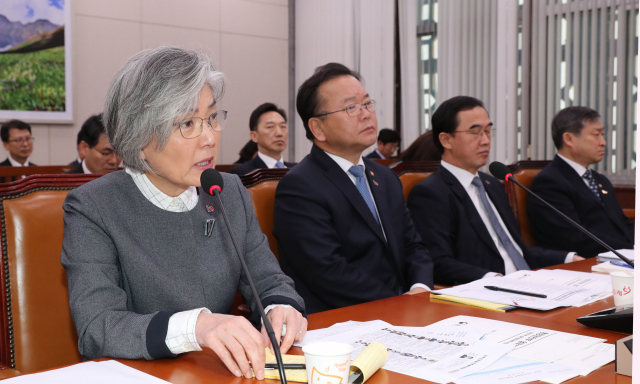 강경화 외교부 장관이 21일 오전 국회에서 열린 남북경제협력특위 전체회의에서 의원질의에 답변하고 있다. 연합뉴스