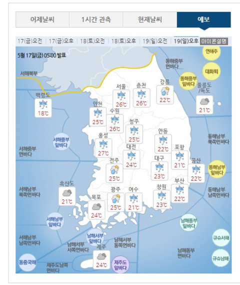 18, 19일인 주말 날씨가 흐릴 것으로 전망된다. 기상청 홈페이지 #주말날씨 #내일날씨