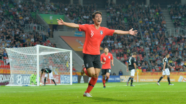 2019 FIFA U-20월드컵 조별리그 마지막 경기에서 오세훈이 골을 넣고 기뻐하고 있다. FIFA홈페이지