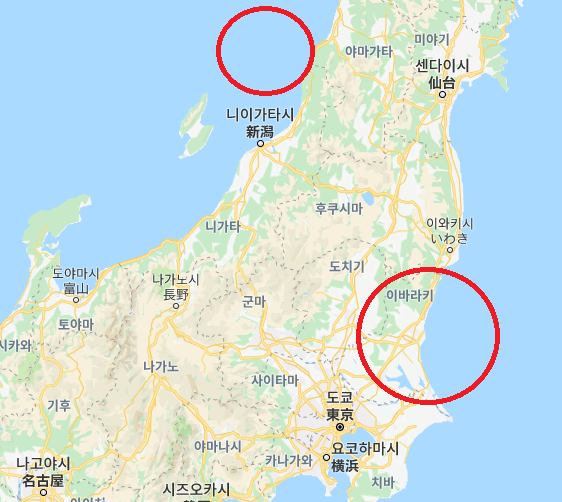 일본 도쿄 인접 동부지역 17, 18일 잇따라 지진. 이바라키현(아래), 야마가타현(위). 구글맵