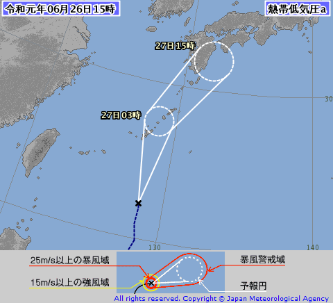 26일 기준 북상중이며 27일에 태풍 스팟으로 격상될 것으로 보이는 3호 열대저압부. 일본기상청