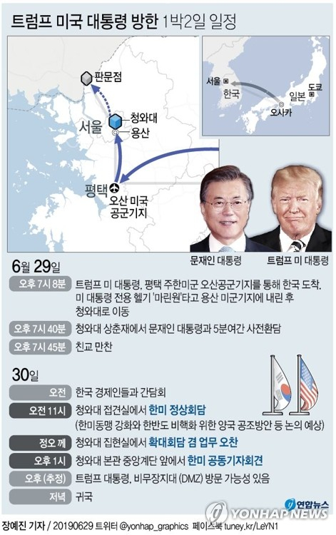 30일 오전 11시에 열리는 문재인 대통령과 도널드 트럼프 미국 대통령의 한미 정상회담은 소인수 회담과 확대회담을 연이어 갖는 형식으로 진행된다고 청와대가 29일 밝혔다. 연합뉴스 연합뉴스