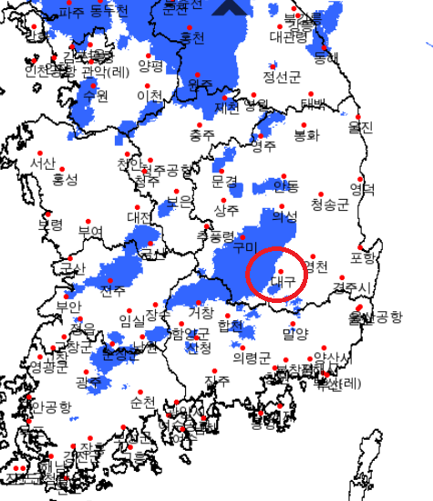 15일 오후 6시 5분 기준 전국 비구름 현황. 경북 서부 지역에서 대구로 점차 비구름이 확장하고 있다. 기상청