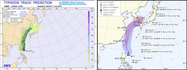 태풍 다나스 예상 경로 관련. 왼쪽 모델예측 이미지, 오른쪽 통보문 이미지. 기상청 날씨누리 웹사이트