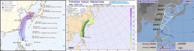 태풍 다나스 예상 경로 관련. 왼쪽 우리나라 기상청 모델예측 이미지, 중앙 우리나라 기상청 통보문 이미지, 오른쪽 일본기상청 이미지. 기상청 날씨누리 웹사이트, 일본기상청 홈페이지