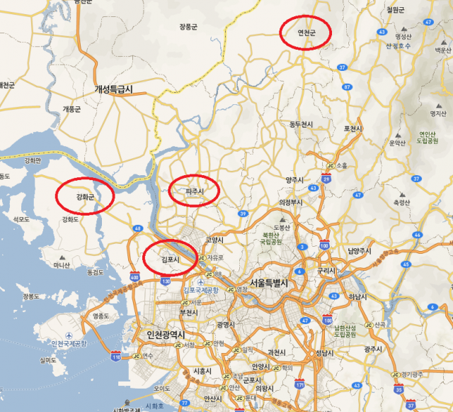 아프리카돼지열병 확진 지역. 경기 연천·파주(2곳)·김포, 인천 강화. 모두 5곳. 네이버 지도