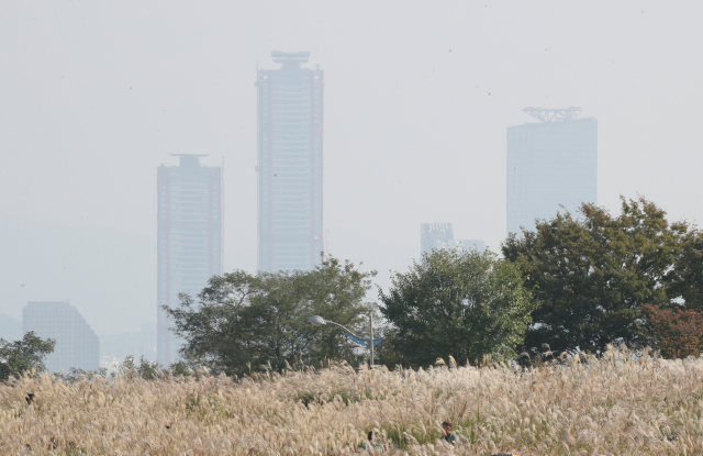 20일 서울 마포구 하늘공원에서 바라본 하늘이 미세먼지와 안개로 뿌옇다. 연합뉴스