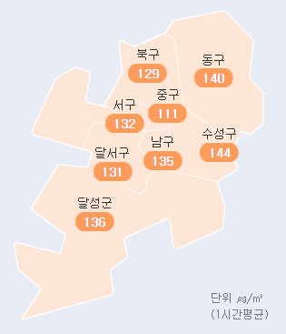 29일 오후 5시 대구 미세먼지 현황. 에어코리아