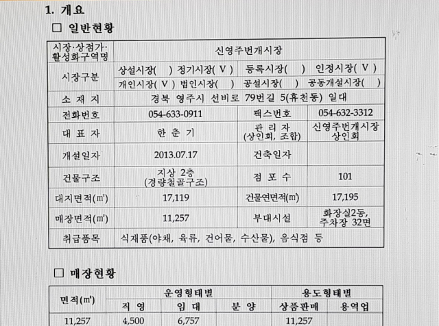 영주시가 중소기업벤처부에 제출한 공모신청서류. 건축대장과 내용이 다르다. 마경대 기자