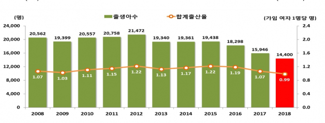 지난해 대구 가임여성이 평생 낳는 아기 평균이 한명에 미치지 못한 것으로 나타났다. 합계출산율이 한명 밑으로 떨어진 것은 이번이 처음이다. 동북지방통계청 제공