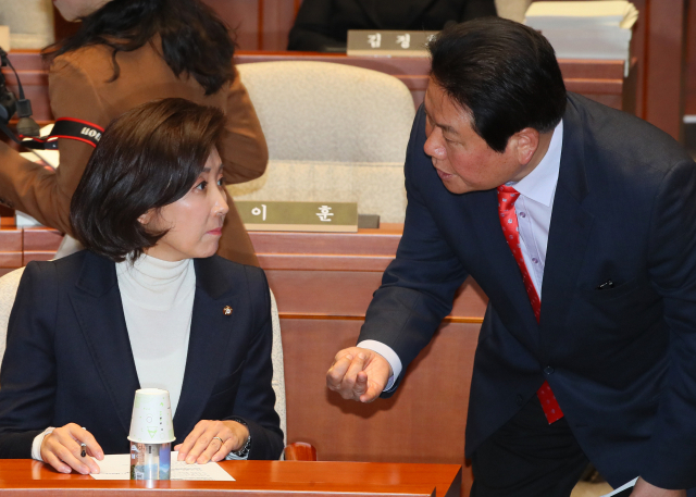 자유한국당 나경원 원내대표(왼쪽)와 정양석 원내수석부대표가 28일 국회에서 열린 긴급의원총회에서 논의하고 있다. 연합뉴스