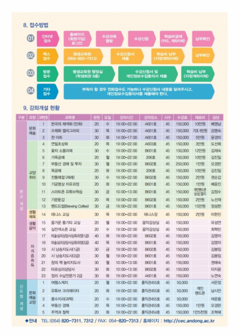 안동대 평생교육 프로그램 세부 과목 정보. 안동대 제공