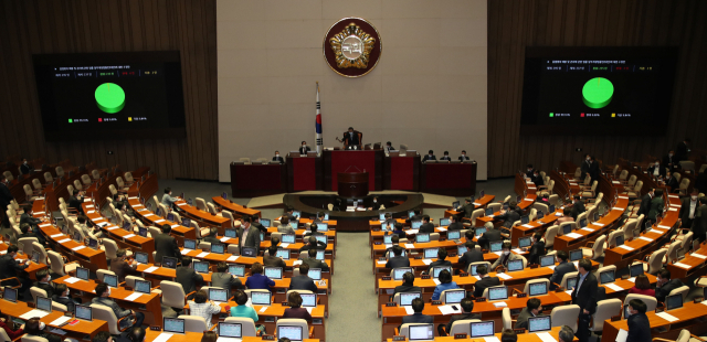 26일 국회 본회의장에서 열린 본회의에서 감염병의 예방 및 관리에 관한 법률 일부개정법률안(대안)에 대한 수정안이 통과되고 있다. 연합뉴스