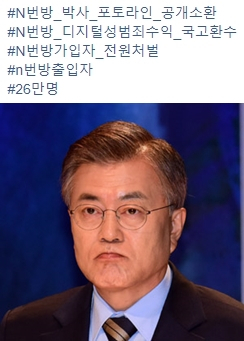 (위)N번방 전원 처벌 등의 요구를 담은 SNS 해시태그. (아래)N번방 회원 전원에 대한 조사 방침을 언급한 문재인 대통령. 매일신문DB