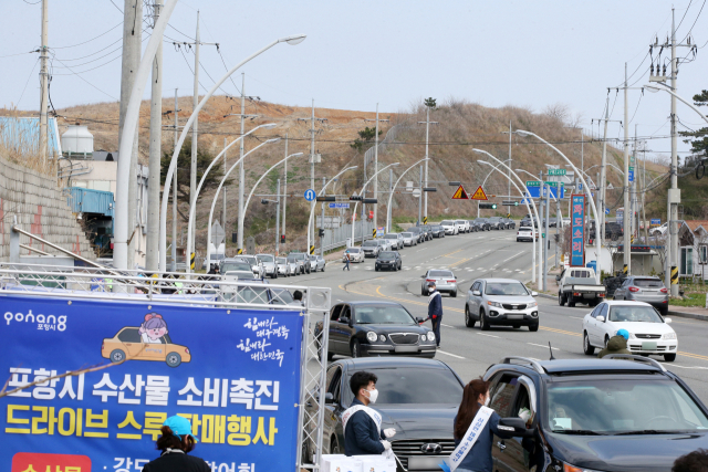 지난 22일 경북 포항시 남구 구룡포해수욕장 인근 도로에서 관광객이 차에 탄 채 수산물을 사고 있다. 포항시와 포항시어류양식협회 등은 신종 코로나바이러스 감염증 확산에 따라 강도다리회를 비롯해 문어, 아귀 등을 대면 접촉을 줄일 수 있는 