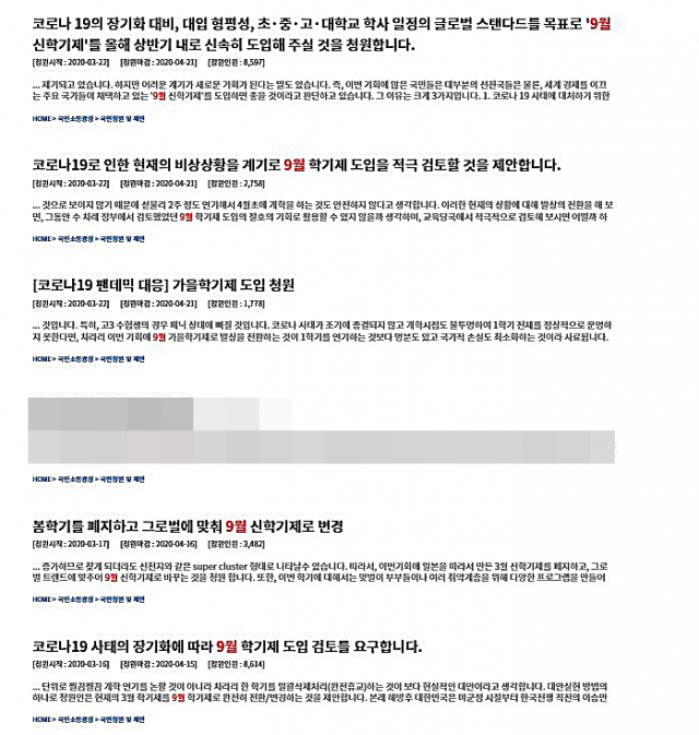 청와대 국민청원 게시판에는 9월 신학기제를 도입하자는 청원이 여러 개다. 각 청원마다 동의하는 인원이 1천명은 쉽게 넘고 있다. 인터넷 캡쳐