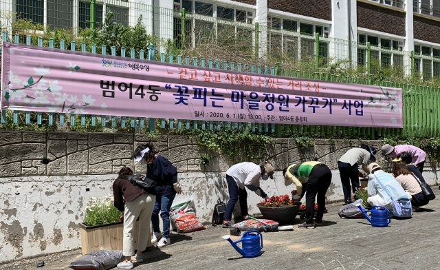 대구 수성구 범어4동 통우회 회원들이 꽃길을 꾸미고 있다. 수성구청 제공