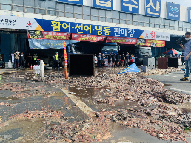 20일 대구수산물도매시장에 상인들이 대구시의 행정대집행을 막기 위해 트럭으로 입구를 막고 바닥에 썩을 생선을 뿌렸다. 구민수 기자