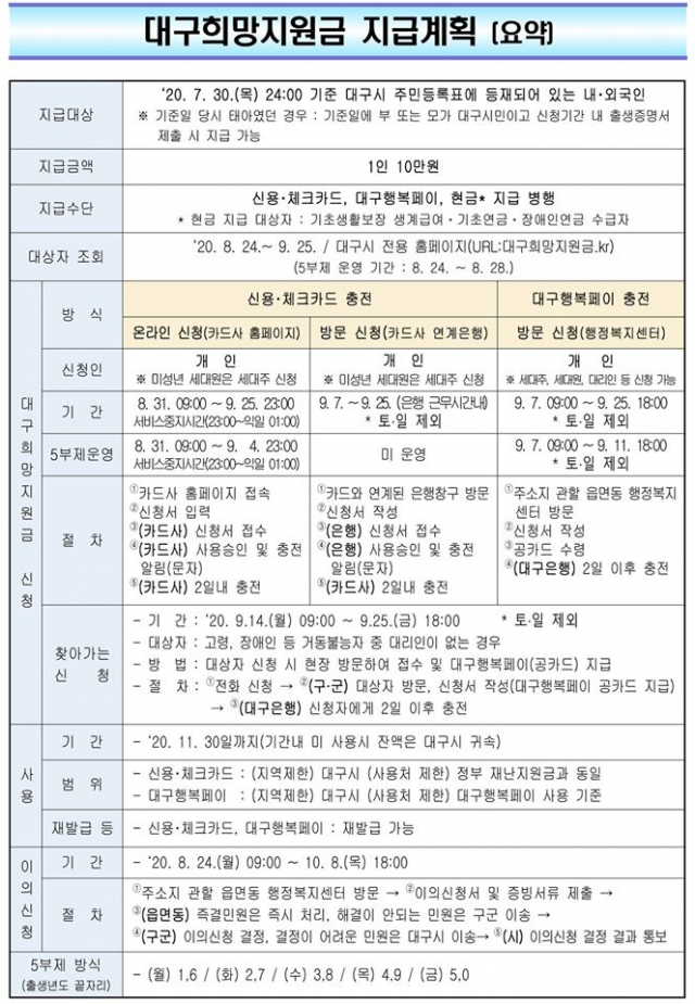 대구희망지원금 지급 계획 관련 요약 설명. 대구시 제공