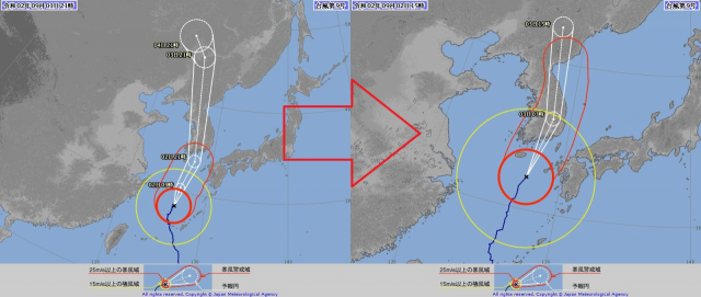 일본기상청 태풍 마이삭 예상경로 왼쪽이 1일 오후 9시 발표, 오른쪽이 2일 오후 3시 발표. 한반도 진입 지점이 전남에서 경남으로 바뀌는 등 경로가 동쪽으로 옮겨진 모습이다. 일본기상청