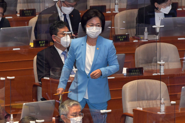 추미애 법무부 장관이 17일 오후 서울 여의도 국회에서 진행된 본회의 교육·사회·문화 분야 대정부질문에서 답변을 위해 발언대로 나가고 있다. 연합뉴스