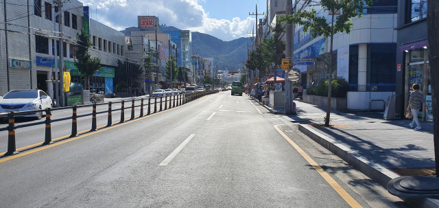 상점가로 등록된 경북 경산시 경산오거리~중앙초등학교 구간 경산중앙로 일대 점포들 모습.