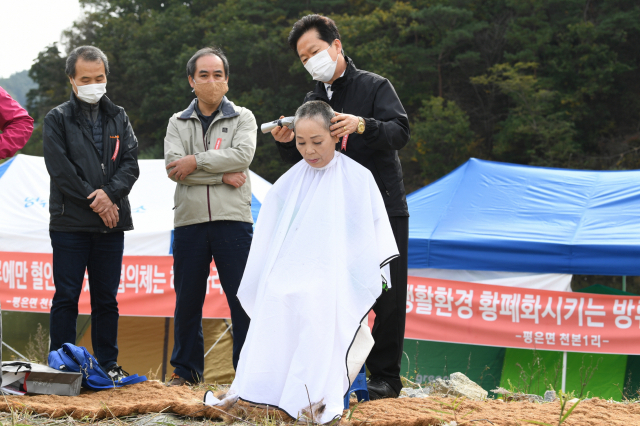 이정필 영주시 평은면 금광3리 이장이 삭발하고 있다. 마경대 기자