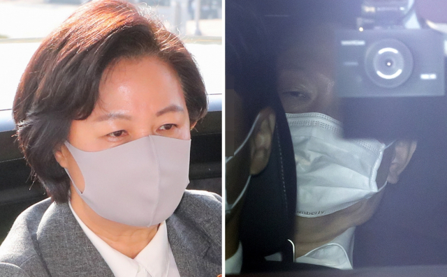 추미애 법무부 장관(왼쪽)이 19일 오전 정부과천청사 내 법무부로 출근하고 있다. 윤석열 검찰총장도 이날 오전 서울 서초구 서초동 대검찰청으로 출근하고 있다. 연합뉴스