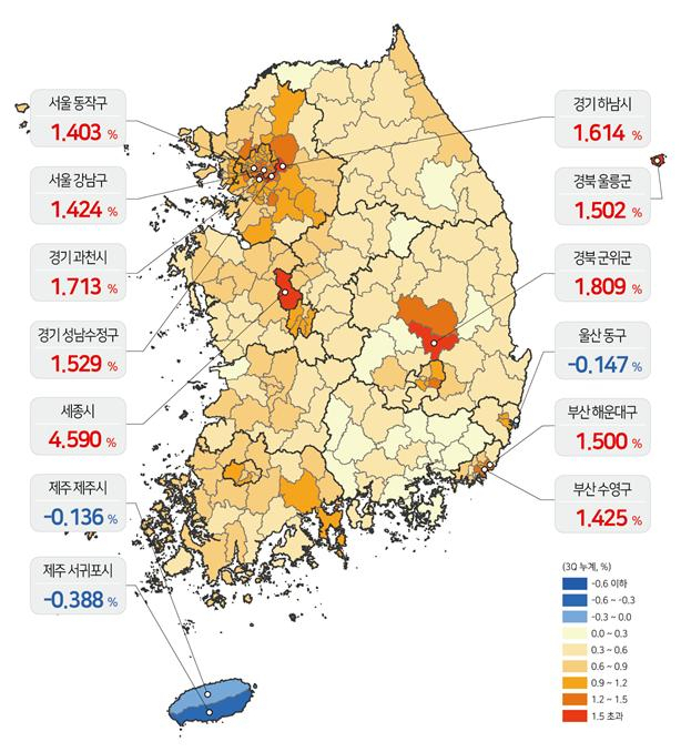 시군구별 지가변동률 색인도. 국토부 제공