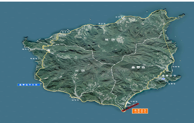 2025년 울릉공항이 완공되면 서울 기준 울릉도까지 이동 시간이 1시간으로 크게 단축된다. 울릉공항 위치도. 국토부 제공.