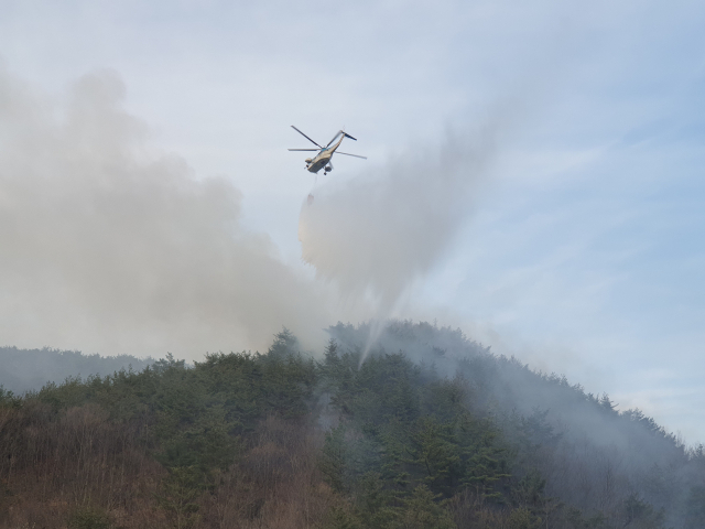 26일 오후 3시 2분쯤 경북 상주시 화북면 상오리 한 야산에서 산불이 발생했다. 경북소방본부 제공