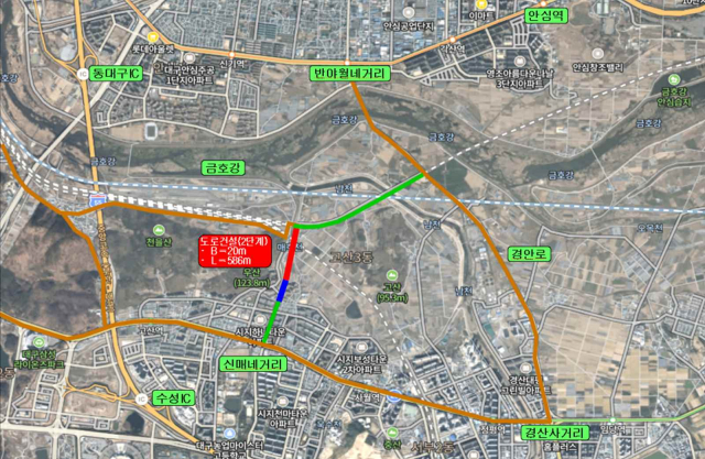 고산3동 행정복지센터~대구선 북편 간 도로 위치도. 대구시 제공