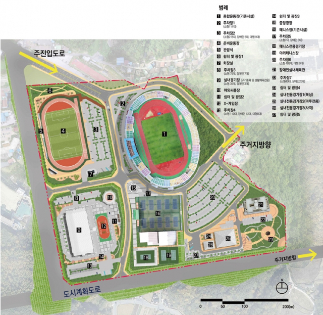안동시가 올 한해 스포츠 인프라 확충을 통해 코로나19 종식 이후 급증하게 될 스포츠인들의 수요 충족과 각종 대회 유치 기반마련에 나선다. 사진은 안동종합스포츠타운 시설 배치도 . 안동시 제공