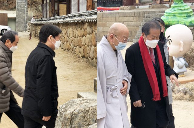 국민의당 안철수 대표와 홍준표 전 한국당 대표가 11일 팔공산 동화사에서 만났다. 사진은 동화사에 도착한 안철수 대표(왼쪽)와 홍준표 전 대표. 김근우 기자