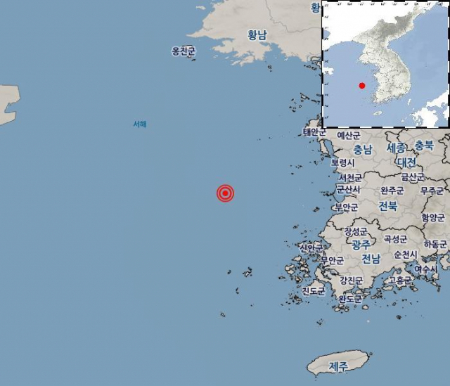 [지진정보] 01-24 06:23 전북 군산시 어청도 서남서쪽 81km 해역 규모2.1 계기진도 : 최대진도 Ⅰ