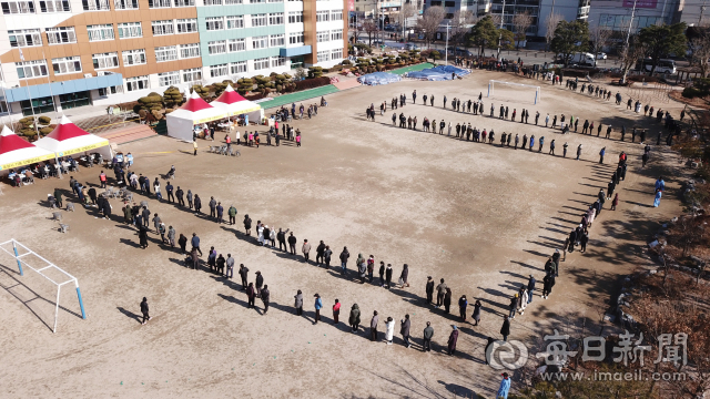 27일 오후 포항 죽도초등학교 운동장에서 시민들이 검사 차례를 기다리고 있다. 자료 사진. 우태욱 기자 woo@imaeil.com