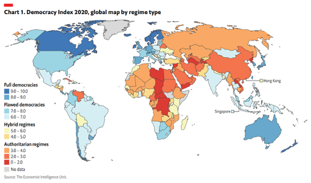 2020년 각 국가별 민주주의 지수. 파란 색이 진할수록 민주주의 국가이며 붉은 색에 가까울수록 권위주의 체제 국가임을 나타낸다. EIU 캡처