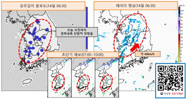 14일 오전 6시 30분 기준 강우감지 분포도 및 레이더 영상. 대구기상청 제공