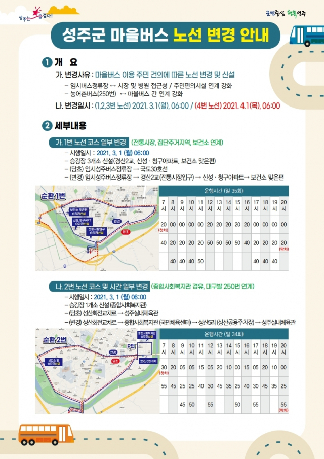 성주군 전기마을버스 1,2번 노선도 및 운행시간표. 성주군 제공