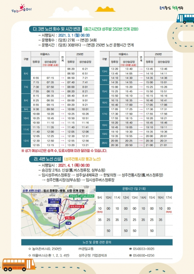 성주군 전기마을버스 3, 4번 노선도 및 운행시간표. 성주군 제공