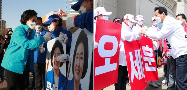 4·7 재보선 더불어민주당 박영선 서울시장 후보(왼쪽)가 1일 서울 마포구 합정역 인근에서 선거운동원들과 인사하고, 국민의힘 오세훈 서울시장 후보가 이날 성북구 길음동 현대백화점 앞에서 열린 유세에서 선거운동원들과 인사하고 있다. 연합뉴스