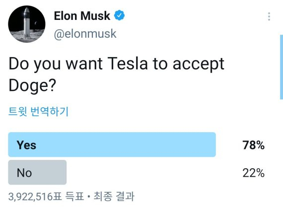 일론 머스크 테슬라 CEO, 도지코인 결제 투표 결과. 머스크 트위터 캡쳐