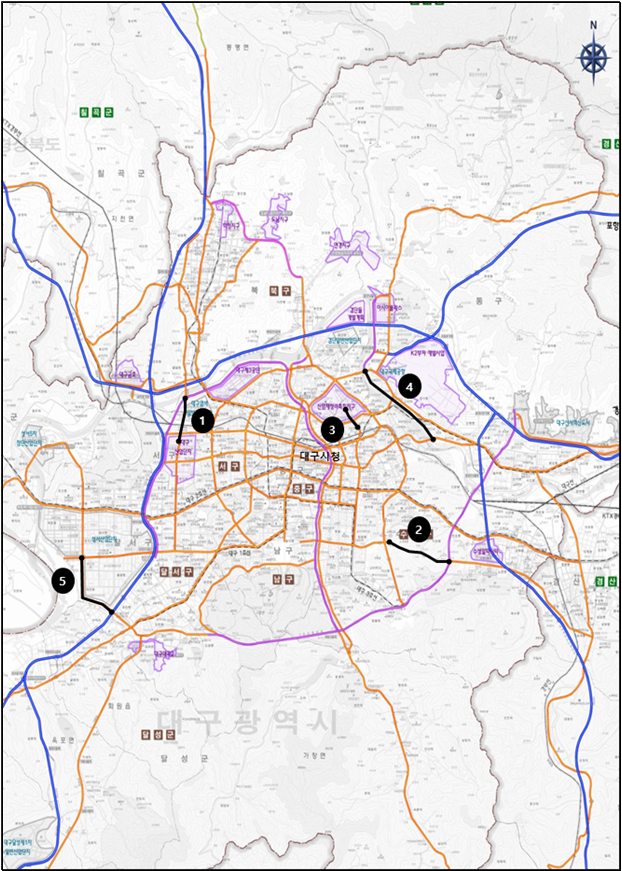 국토교통부의 혼잡도로사업 국가계획 반영 내용. ➊ 매천대교~이현삼거리 ➋ 범안삼거리~황금고가교 ➌ 동대구(파티마병원)~신암북로 ➍ 금호강변도로(공항교~화랑교) ➎ 달서대로 입체화. 대구시 제공