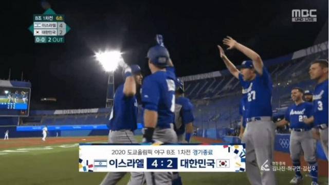 한국과 이스라엘의 야구 경기 중 6회초 2사 후 장면에 