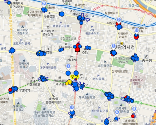 2020년 대구 도시 도심 교차로 교통사고 분포도. 교통사고분석시스템(TAAS) 제공