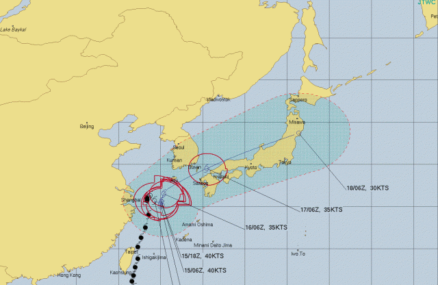 미국 합동태풍경보센터(JTWC, Joint Typhoon Warning Center) 태풍 찬투 예상 경로