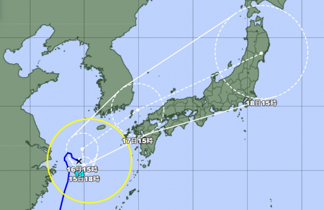 14일 오후 6시 발표 태풍 찬투 예상 경로. 일본기상청