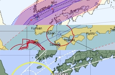 14호 태풍 찬투 예상 경로. 위 기상청, 중간 미국 합동태풍경보센터(JTWC, Joint Typhoon Warning Center), 아래 일본기상청