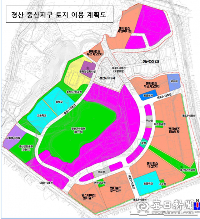 경산 중산지구 토지이용계획도. 경산교육지원청은 기존의 중학교 부지에 초등학교를 추가 설립을 추진하려고 도시관리계획 변경을 경산시에 요청했다.